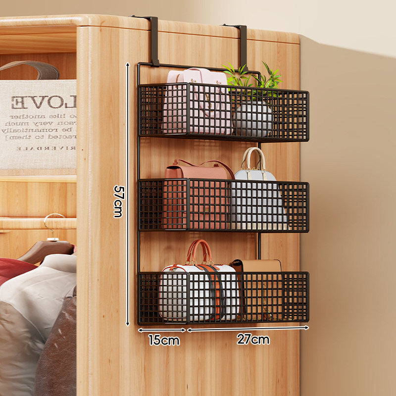 Over-Door Four-Tier Metal Mesh Hanging Storage Organizer with Integrated Hooks