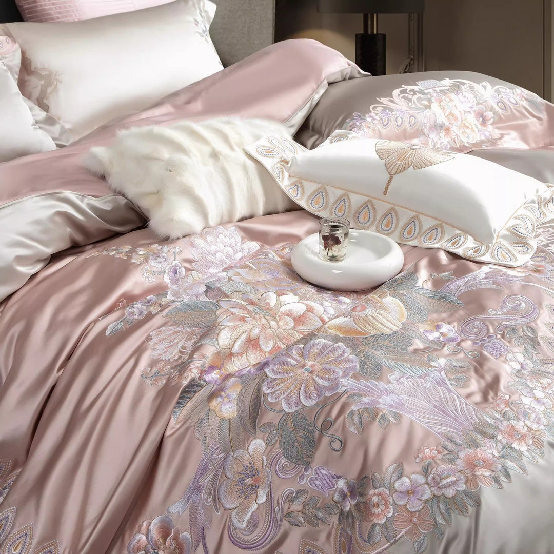Embroidered Satin Silk Floral Duvet Cover Bedding Set with Decorative Pillow Shams