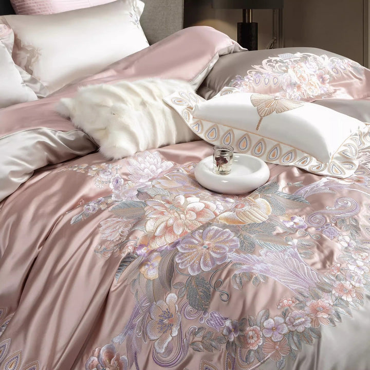Embroidered Satin Silk Floral Duvet Cover Bedding Set with Decorative Pillow Shams