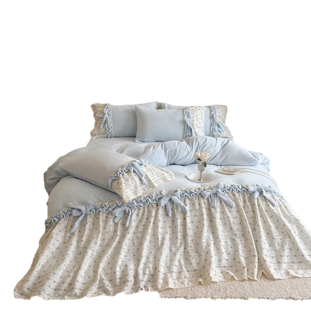 Soft Washed Cotton-Linen Ruffled Duvet Cover Set with Bow-Tie Accents & Lace-Trim Bed Skirt