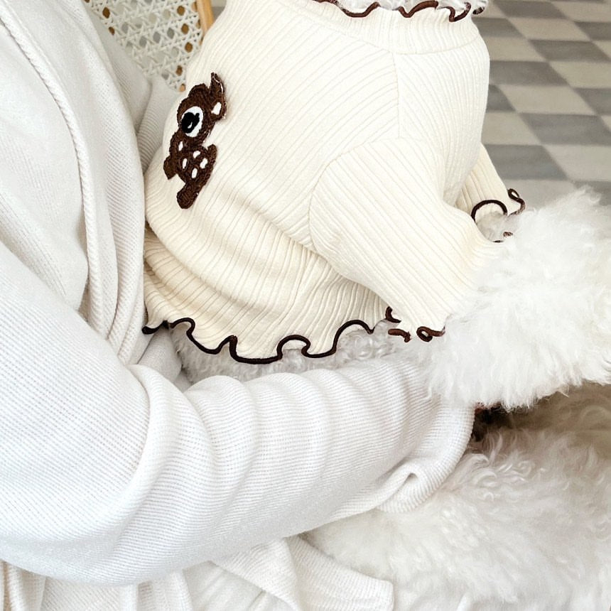 Ribbed Cotton Pet Pullover Sweater with Deer Embroidery & Lettuce-Edge Hem