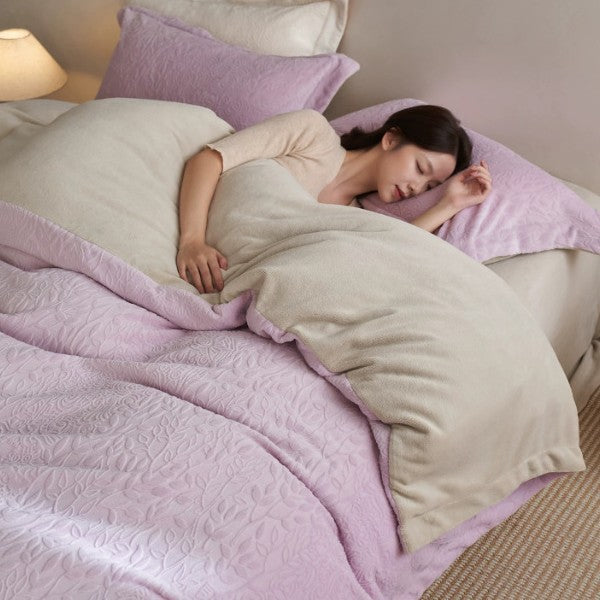 Textured Quilted Duvet Cover Set with Embossed Leaf Jacquard and Matching Pillow Shams