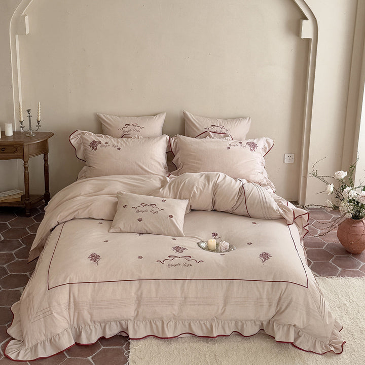 Floral-Embroidered Ruffled Cotton Percale Duvet Cover Set with Frilled Edge & Euro Pillow Shams