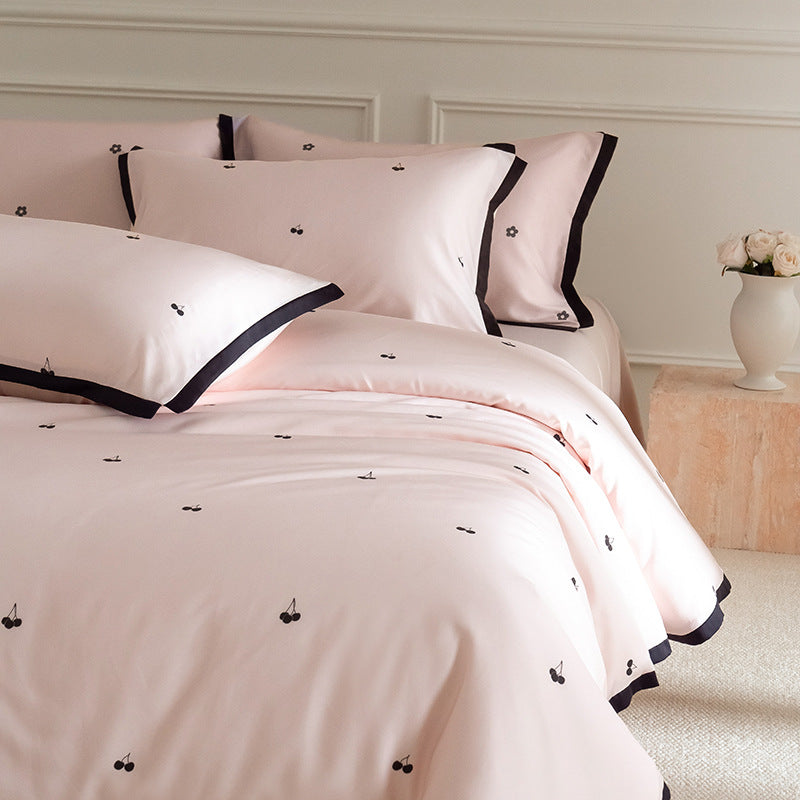 Embroidered Cherry Cotton-Sateen Duvet Cover Set with Contrast Piped Edge