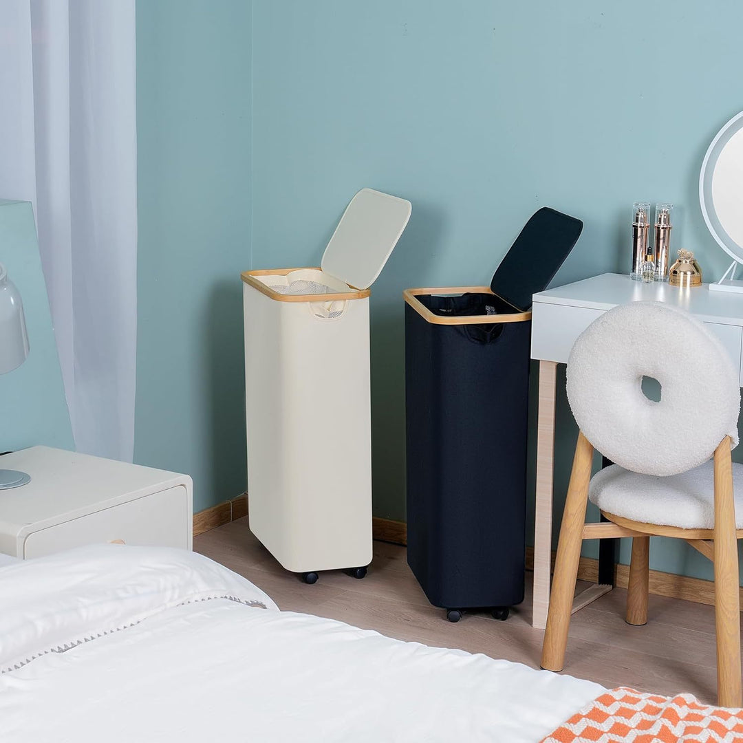 High-quality laundry container with bamboo lid and practical carrying handle Stornfield
