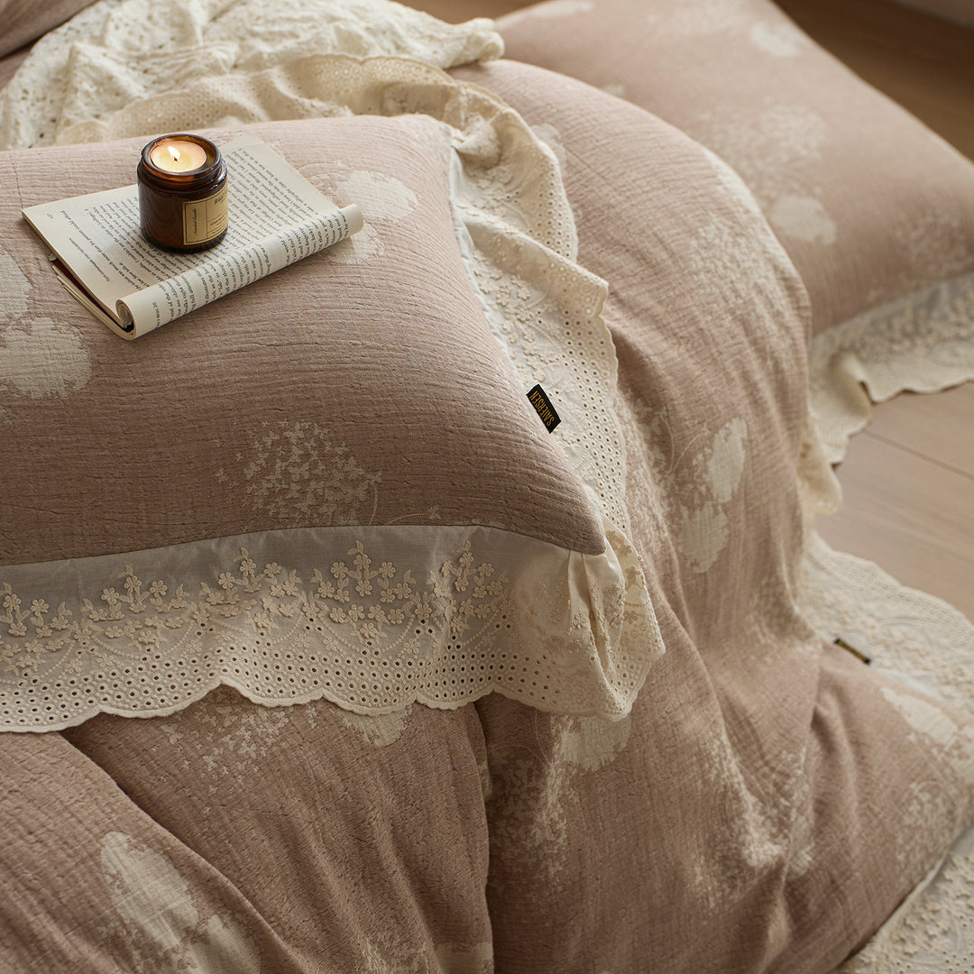 Ruffled Lace-Trim Reversible Duvet Cover Set with Tied Pillow Shams