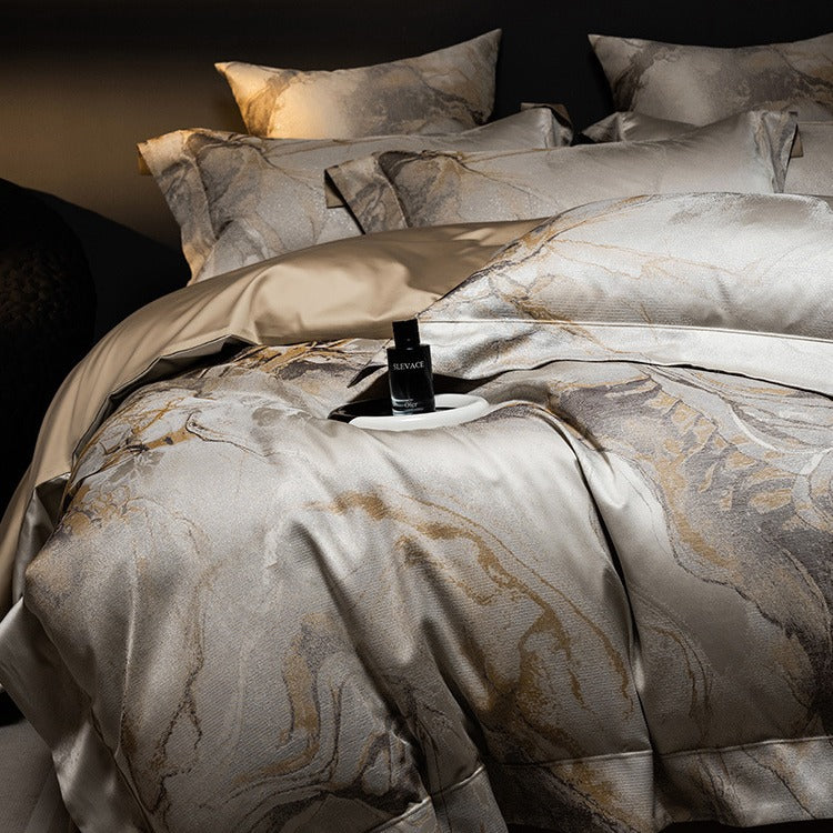 Luxury Marble-Print Satin Duvet Cover Set with Pillow Shams & Hidden Zipper