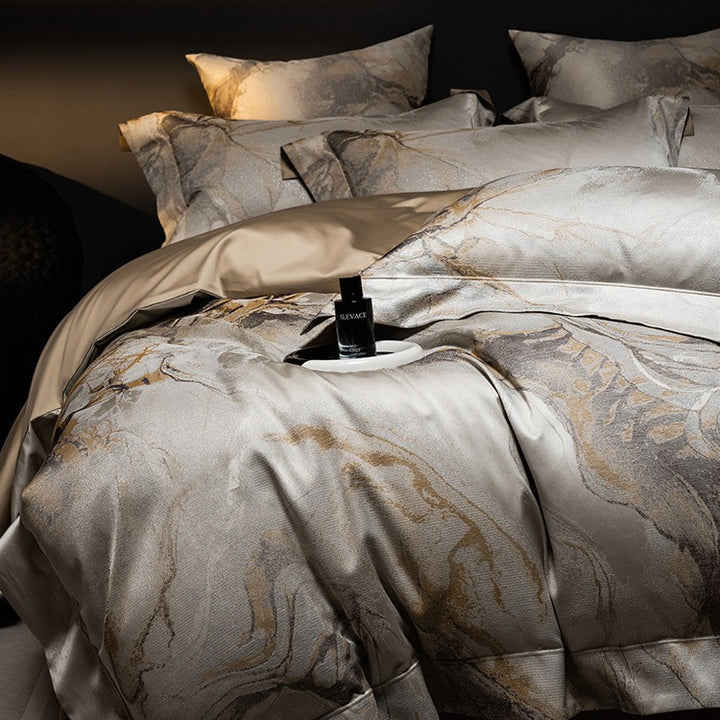 Luxury Marble-Print Satin Duvet Cover Set with Pillow Shams & Hidden Zipper