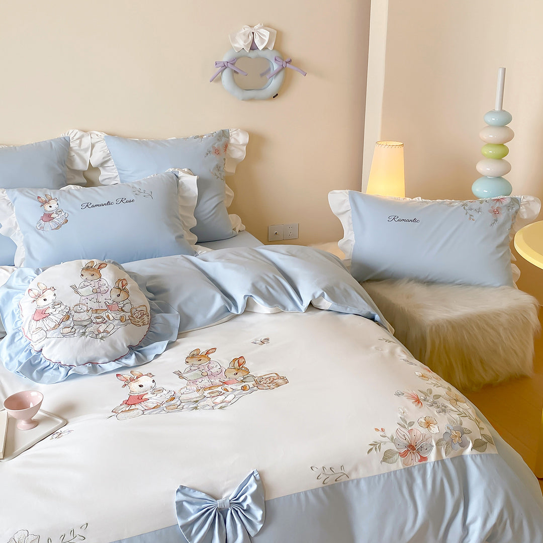 Ruffled Embroidered Cotton Sateen Bedding Ensemble with Decorative Round Pillow & Ruffled Skirt