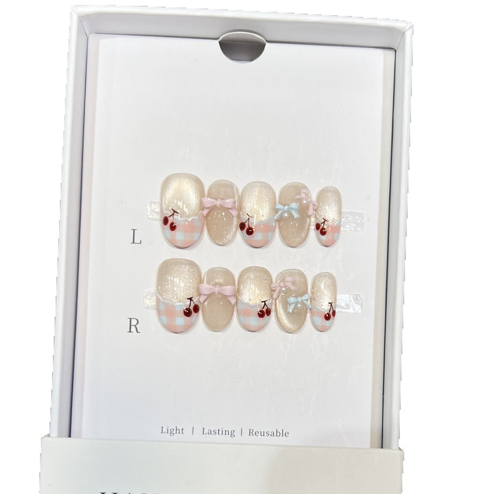 Decorative Press-On Nail Art Set with Charming Bow and Cherry Accents Stornfield