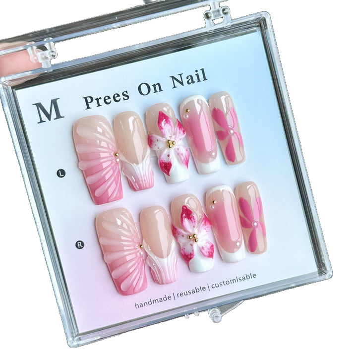 Artistic Press-On Nail Set with Floral Designs