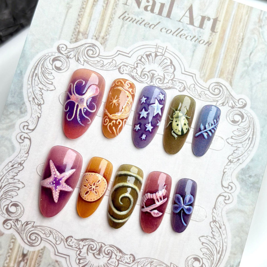 Artistic Press-On Nail Art Set with Oceanic Themes