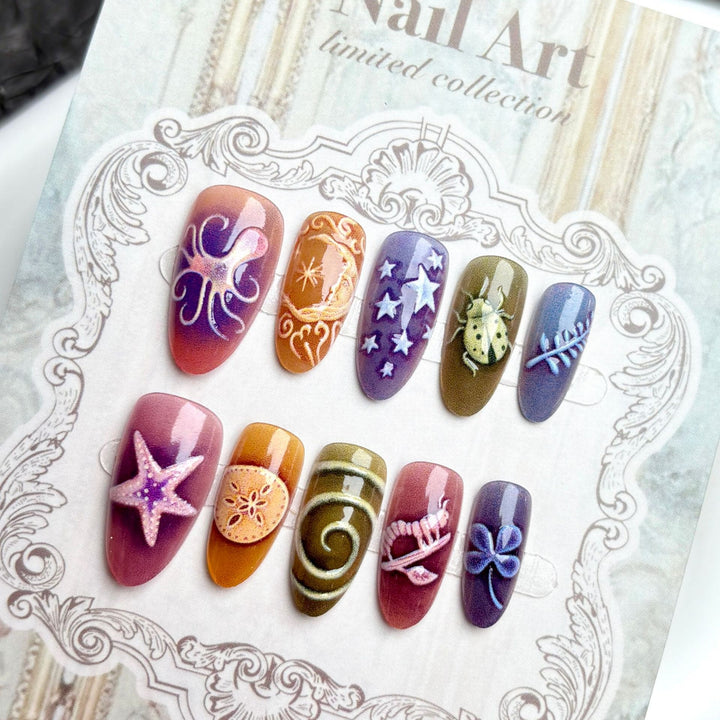 Artistic Press-On Nail Art Set with Oceanic Themes