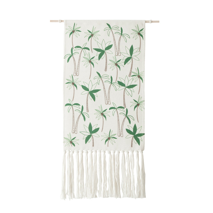 Woven wall hanging with floral jacquard structure and long fringes Stornfield