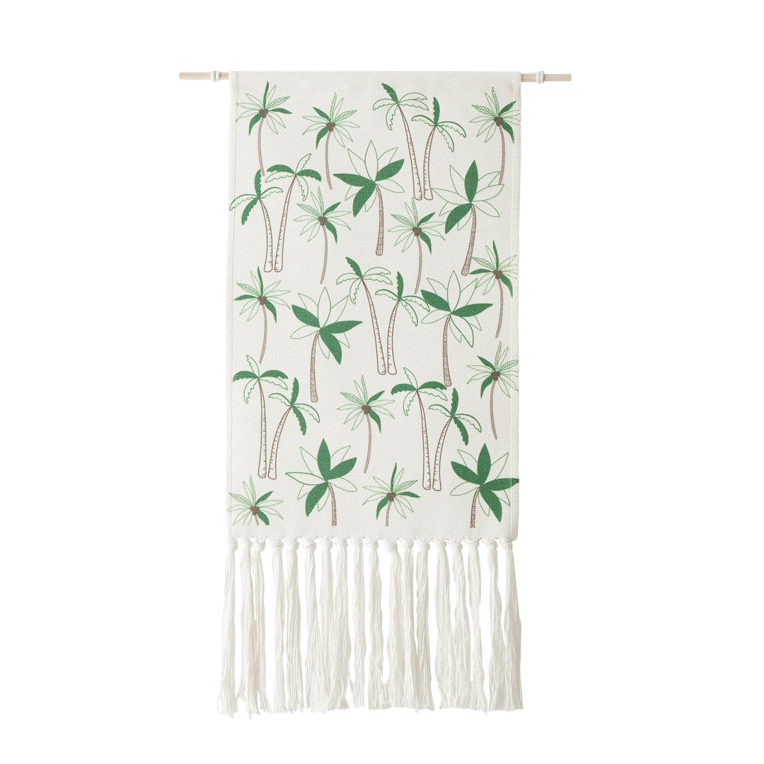 Woven wall tapestry with hydrangea pattern and long fringes