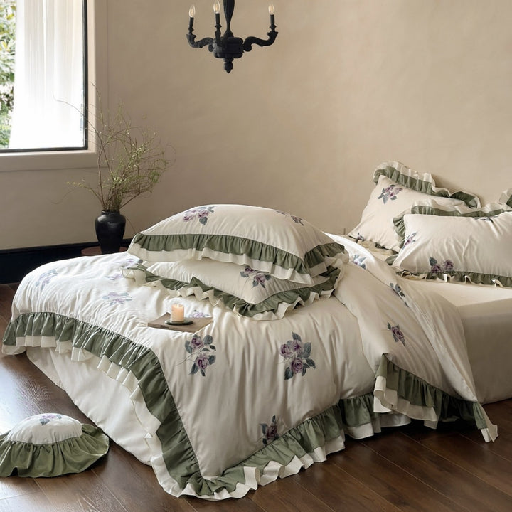 Floral Embroidered Ruffled Cotton Sateen Duvet Cover Set with Double-Layer Ruffle Hem