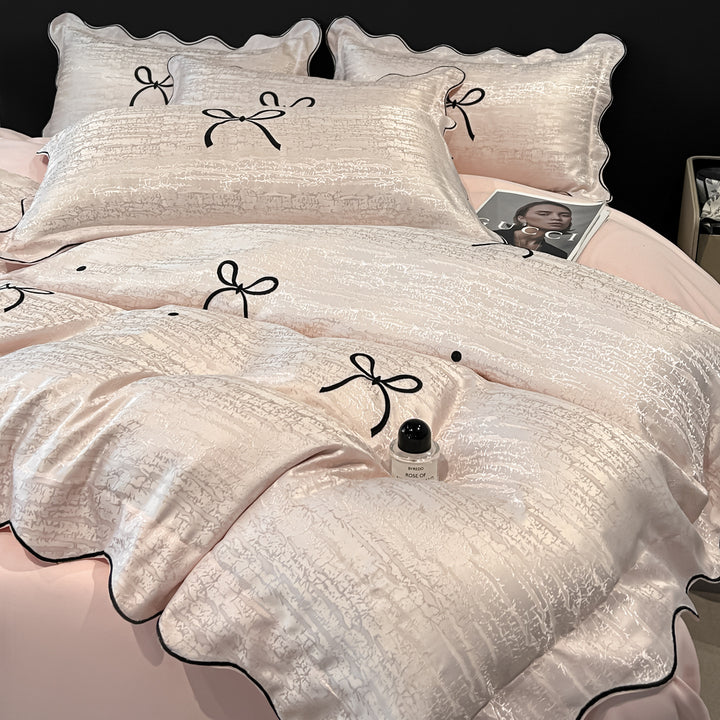 Satin-Weave Embroidered Bow Duvet Cover and Shams Set