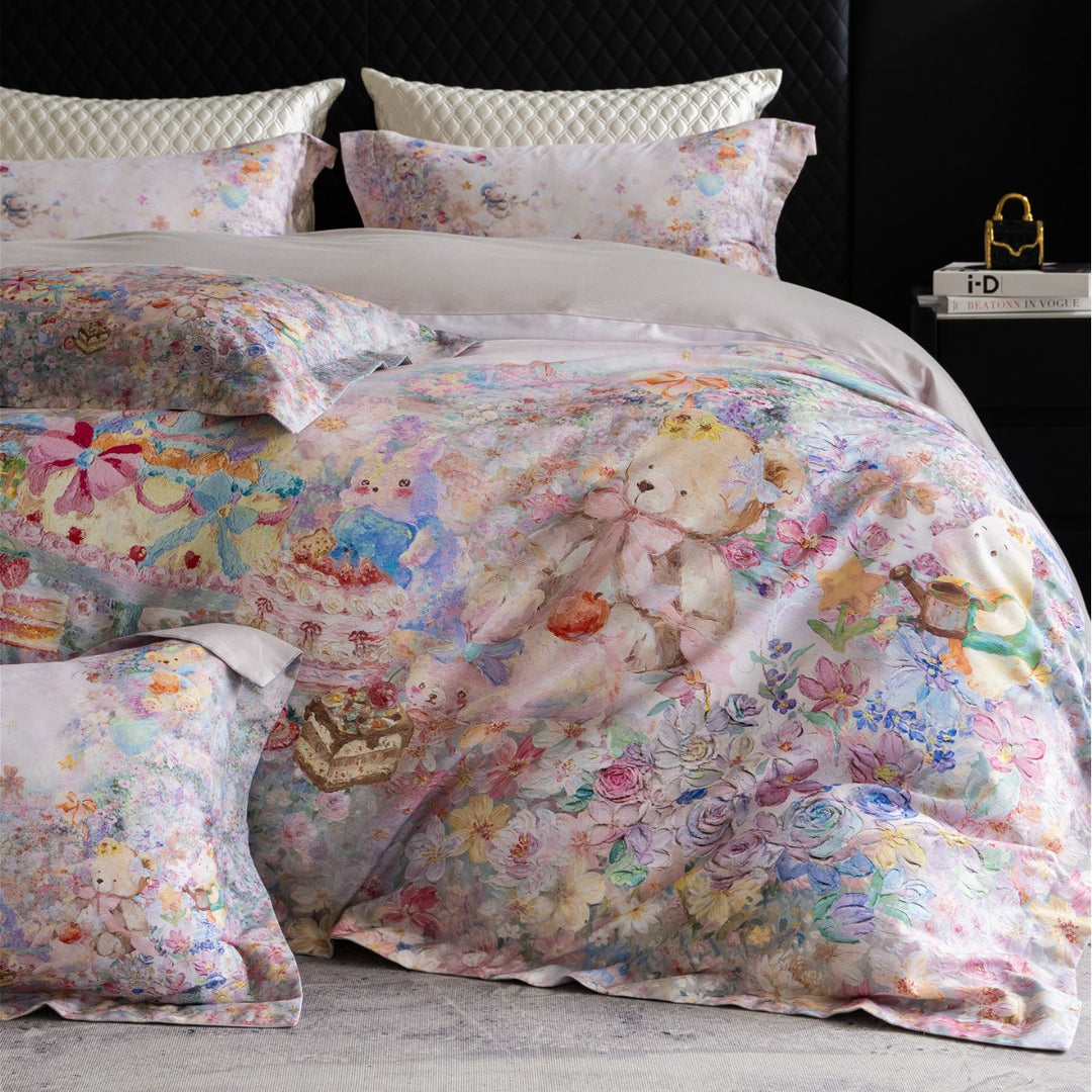 Watercolor Teddy Bear Floral Duvet Cover Set