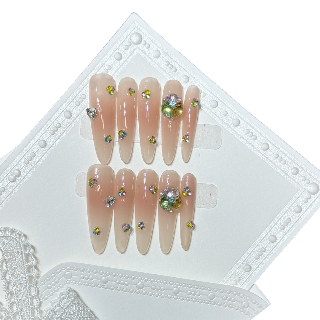 Glamorous Stiletto Press-On Nail Set with Colorful Gem Accents Stornfield