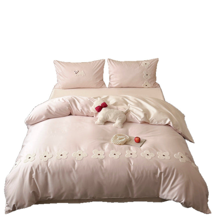 Floral Appliqué Satin Bedding Set with Tufted Flower Pillowcases