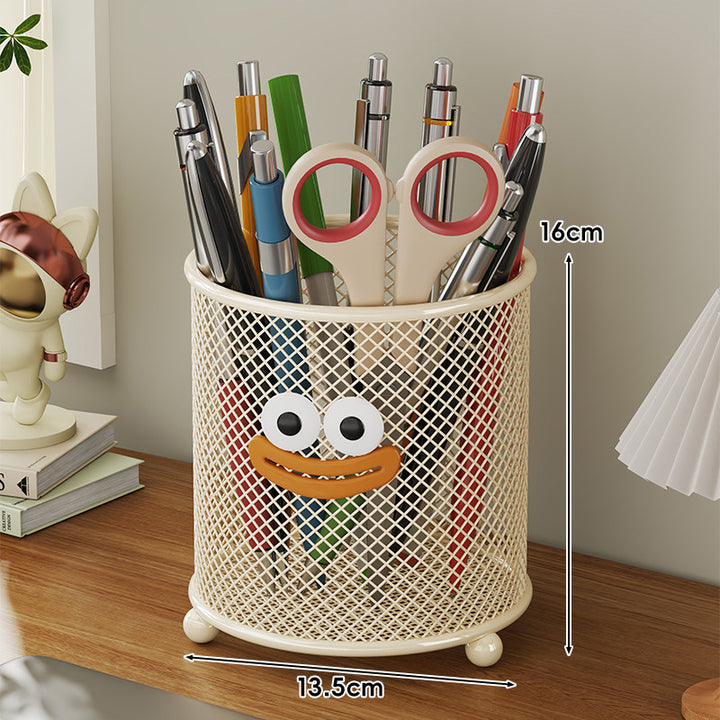Cylindrical Ventilated Mesh Metal Pen and Pencil Cup with Decorative Smile Emblem