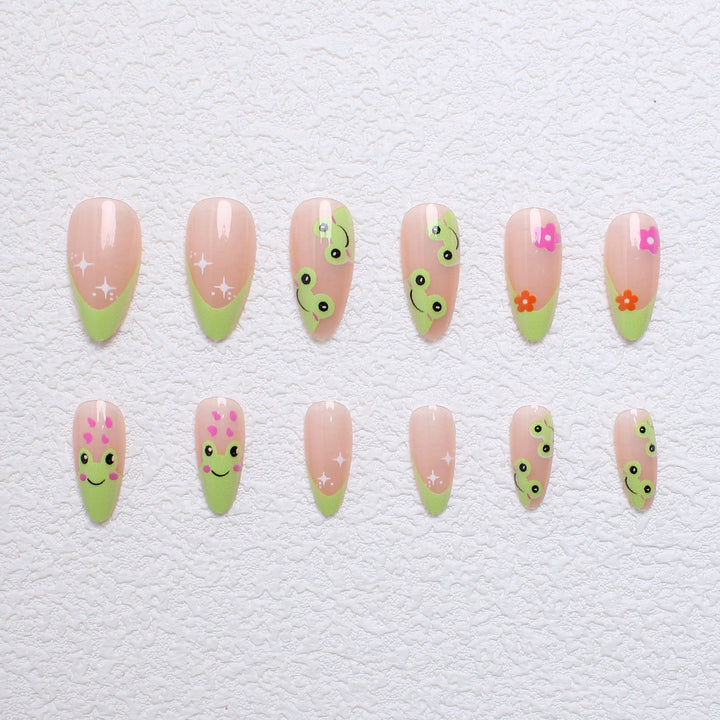 Artificial nail set with creative frog designs and playful accents Stornfield