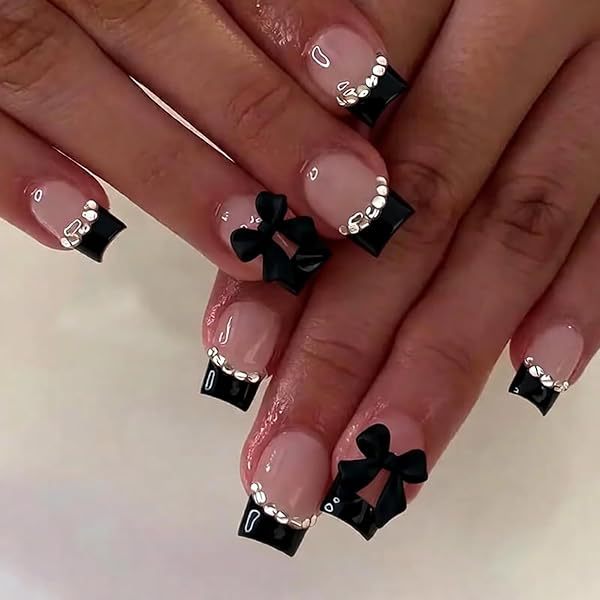 Artificial Nail Set with Elegant Bows and Glitter Decorations Stornfield