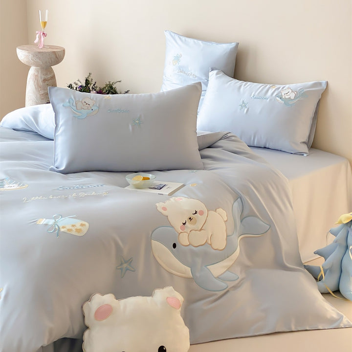 Kids Embroidered Cotton-Sateen Duvet Cover Set with Plush Bear Appliqué & Whale Motif