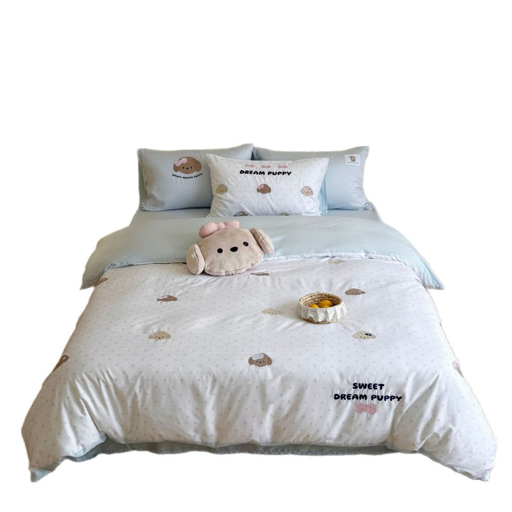 Romantic cotton satin bedding set with cute puppy embroidery and extra soft finish