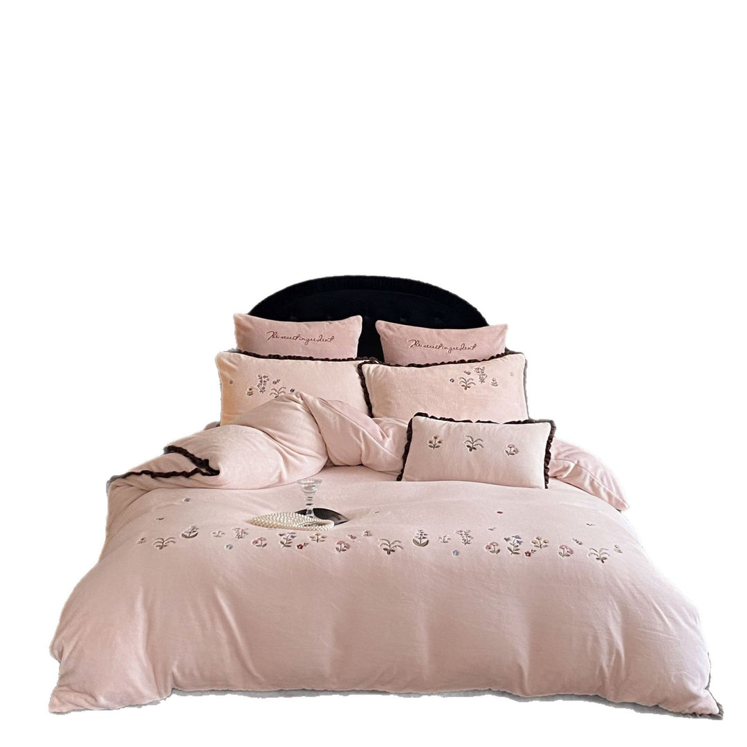 Embroidered Floral Velvet Duvet Cover Set with Ruffled Edge