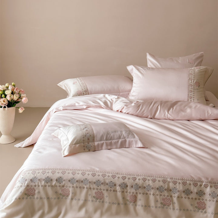 Silky Sateen Embroidered Floral Duvet Cover Set with Decorative Border Pillowcases
