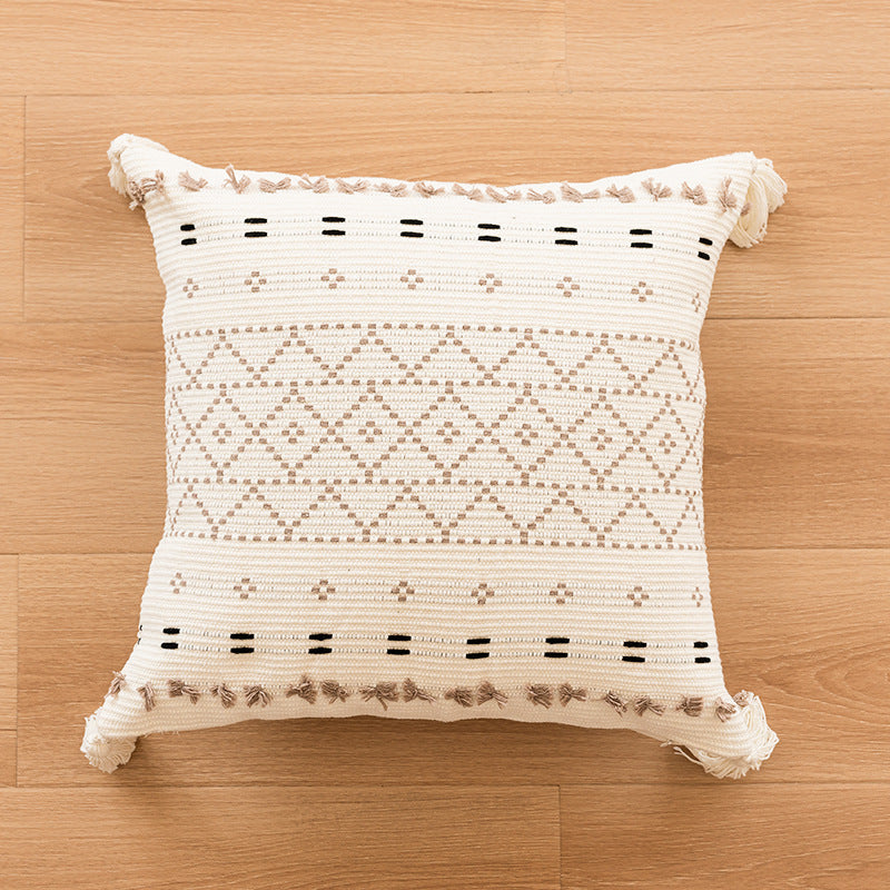 Decorative Boho Tufted Throw Pillow Cover with Tassels and Geometric Raised Loop Texture