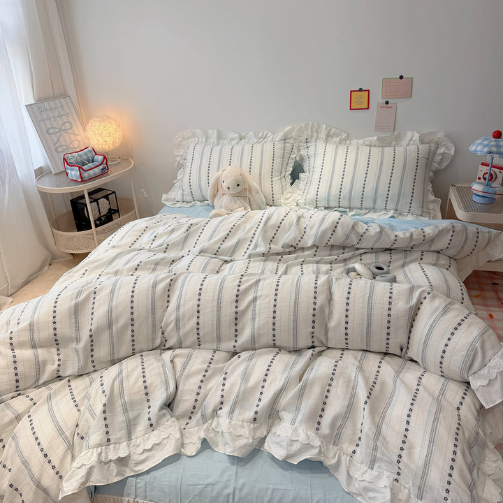 French Cottage Ruffled Cotton Duvet Cover Set with Striped Floral Embroidery and Frilled Pillow Shams