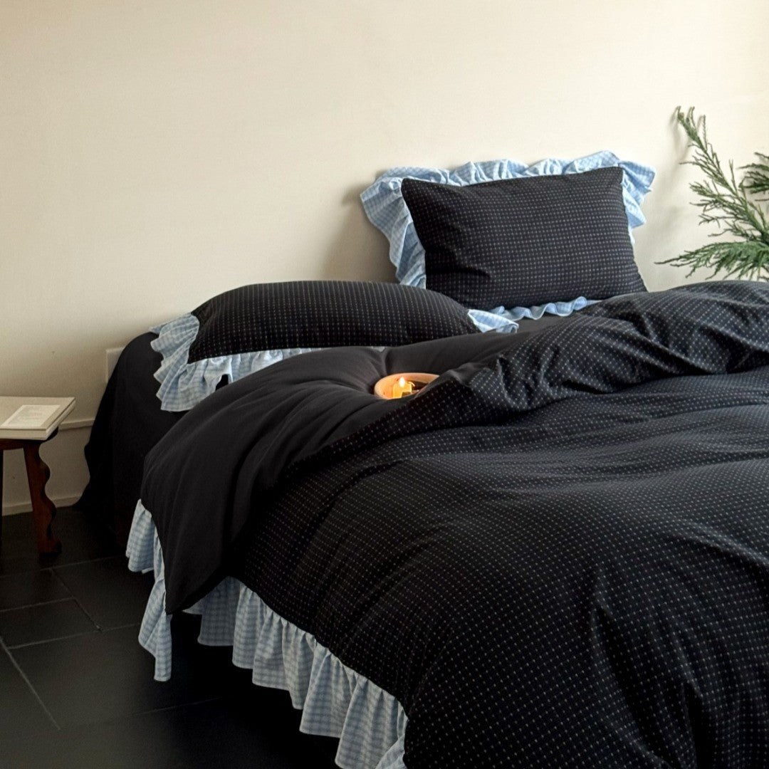 Ruffled Gingham-Trim Cotton Duvet Cover Set