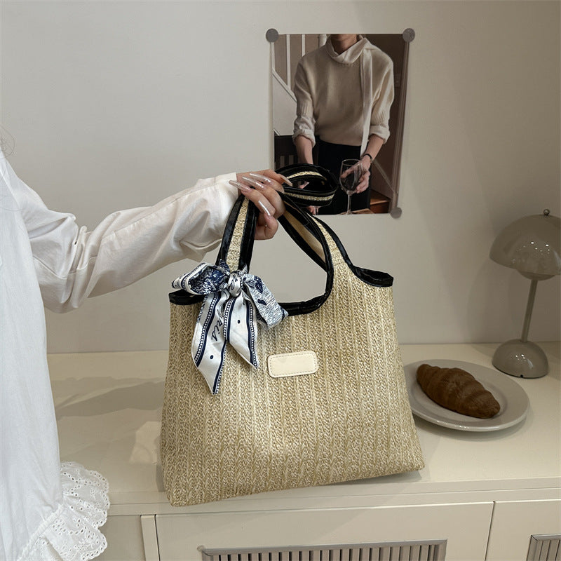 Textured Weave Tote Bag with Elegant Bow Stornfield