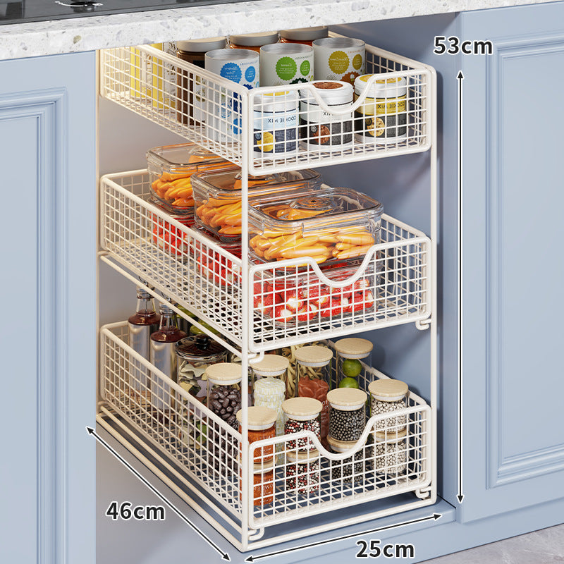 Two-Tier Metal Wire Pantry Basket Organizer with Slide-Out Drawers