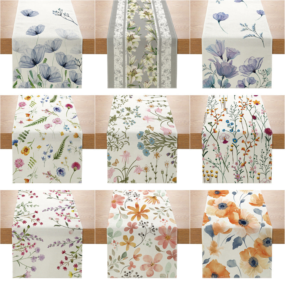 Linen-Blend Watercolor Floral Botanical Table Runner with Stain-Resistant Finish and Hemmed Edges