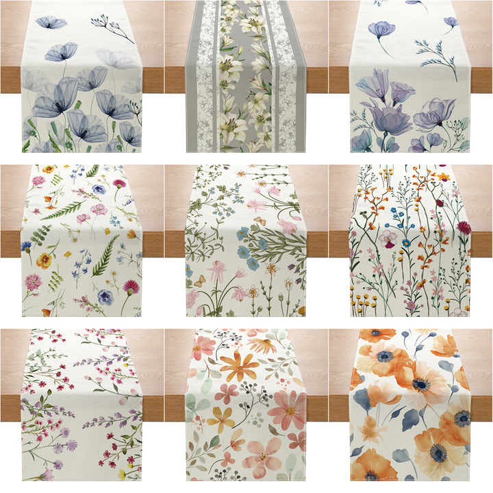 Linen-Blend Watercolor Floral Botanical Table Runner with Stain-Resistant Finish and Hemmed Edges