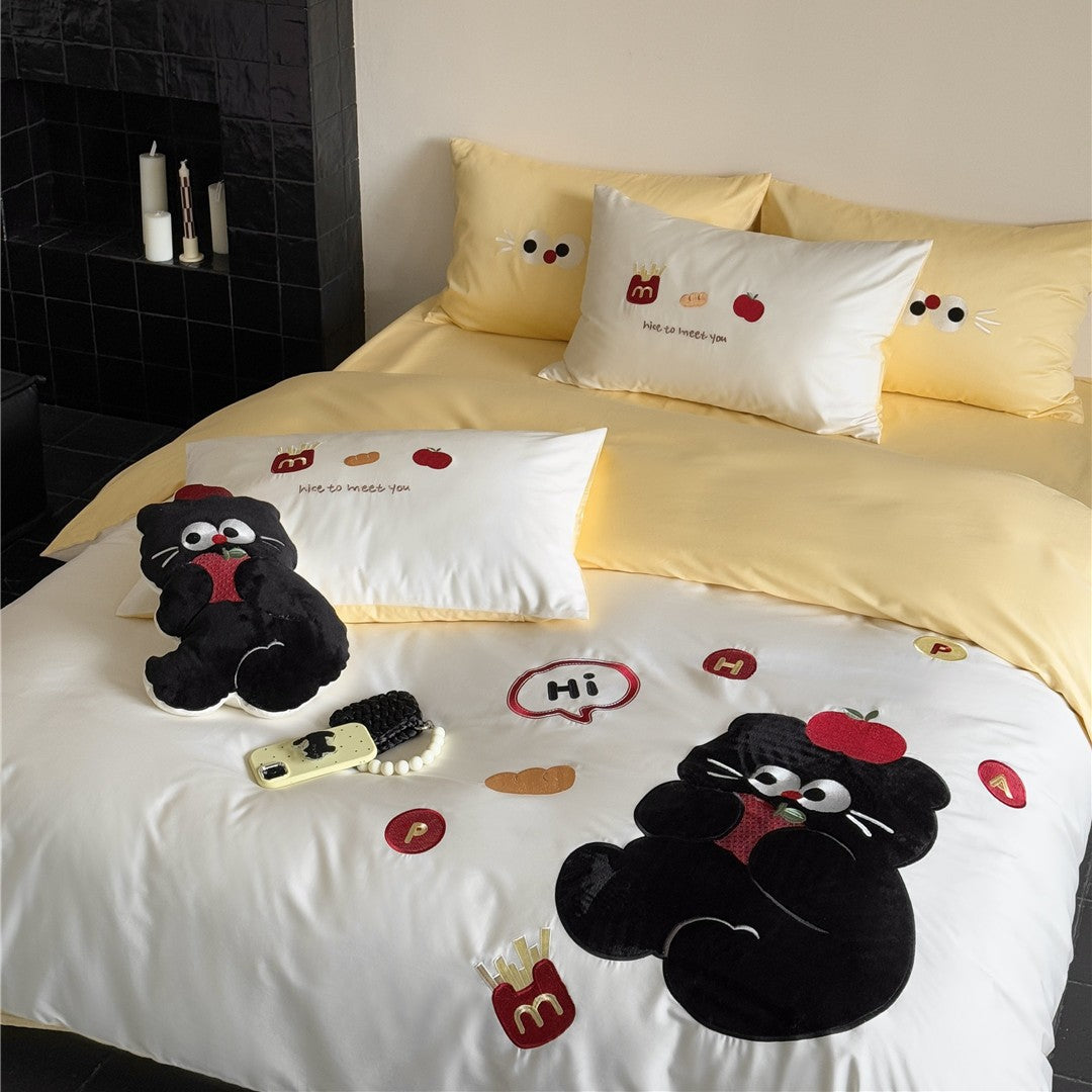 Cartoon Appliqué Plush Cat Duvet Cover Set with Micro‑Sateen Reversible Back & Pillow Shams
