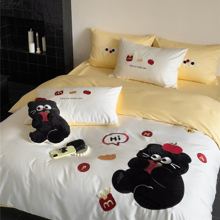 Cartoon Appliqué Plush Cat Duvet Cover Set with Micro‑Sateen Reversible Back & Pillow Shams