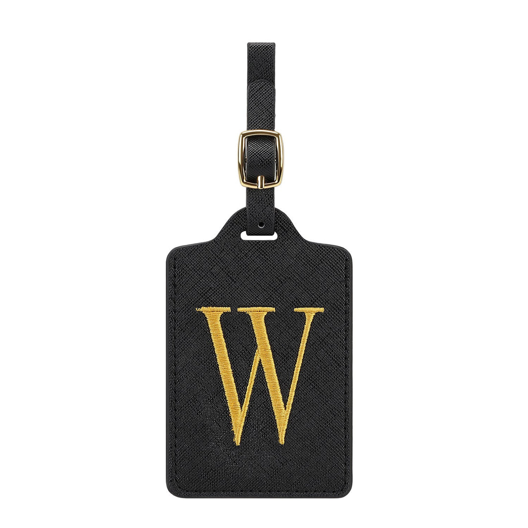 embroidered initial monogram leather luggage tag with adjustable buckle strap Stornfield
