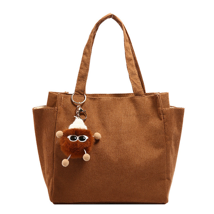 Textured Corduroy Tote Bag with Cute Plush Charm