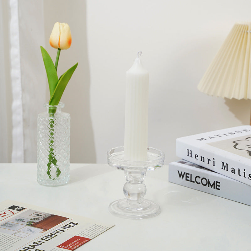 Pedestal Glass Candle Holder with Round Dish and Weighted Base for Taper & Short Pillar Candles