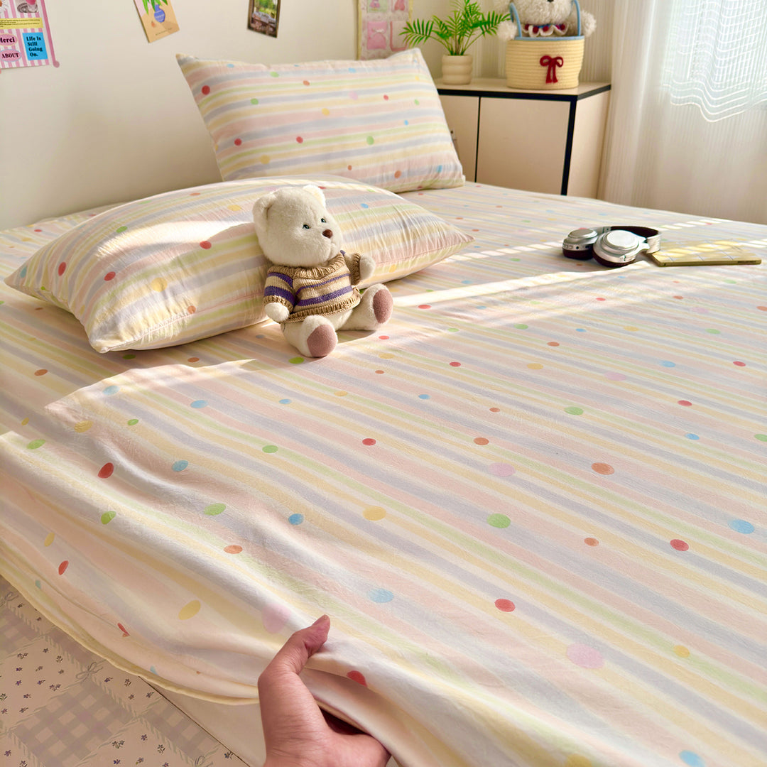 Bow-Print Cotton Sateen Fitted Sheet Set with Pillowcases