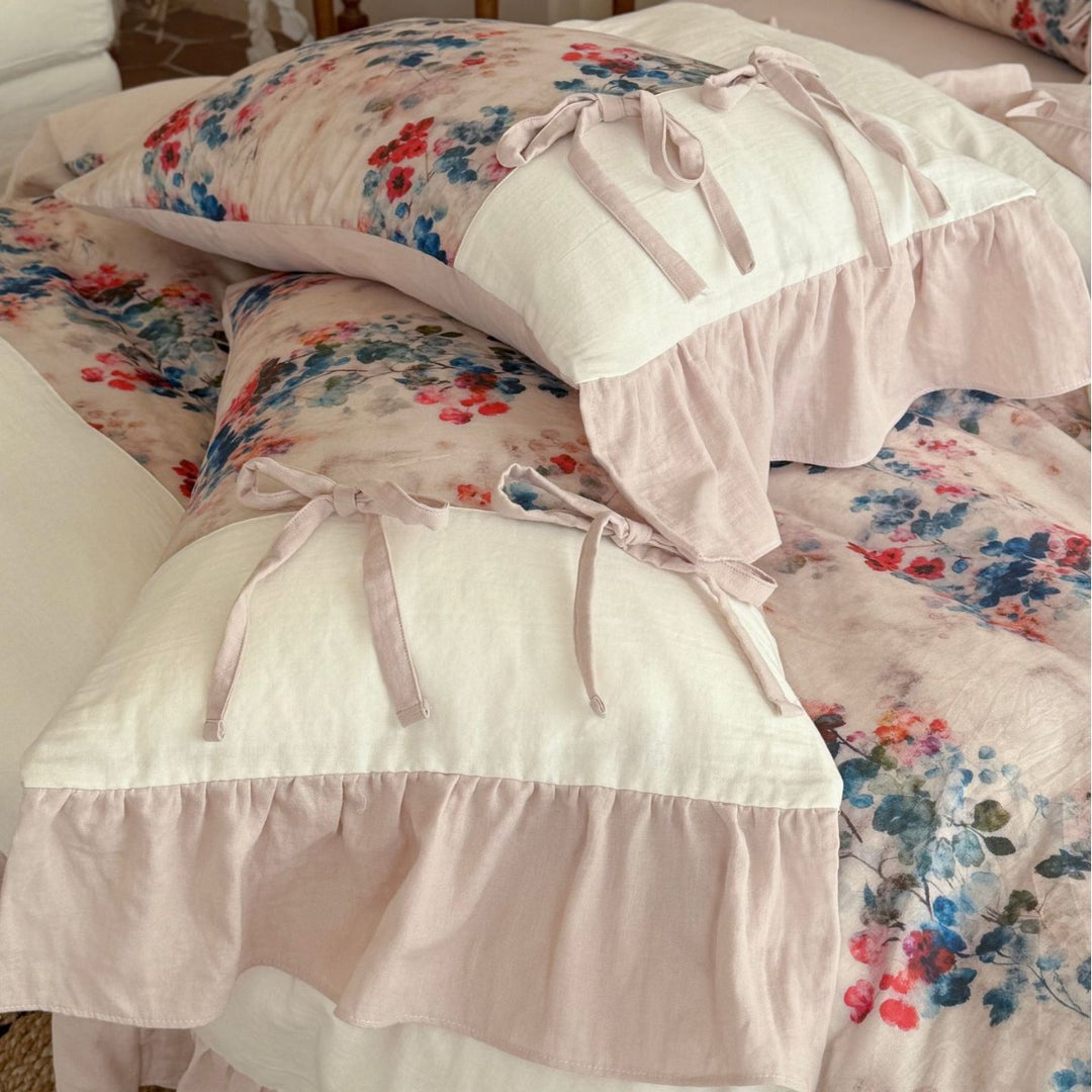 Floral Ruffled Cotton-Linen Duvet Cover Set with Tied Pillow Shams and Ruffled Bedskirt