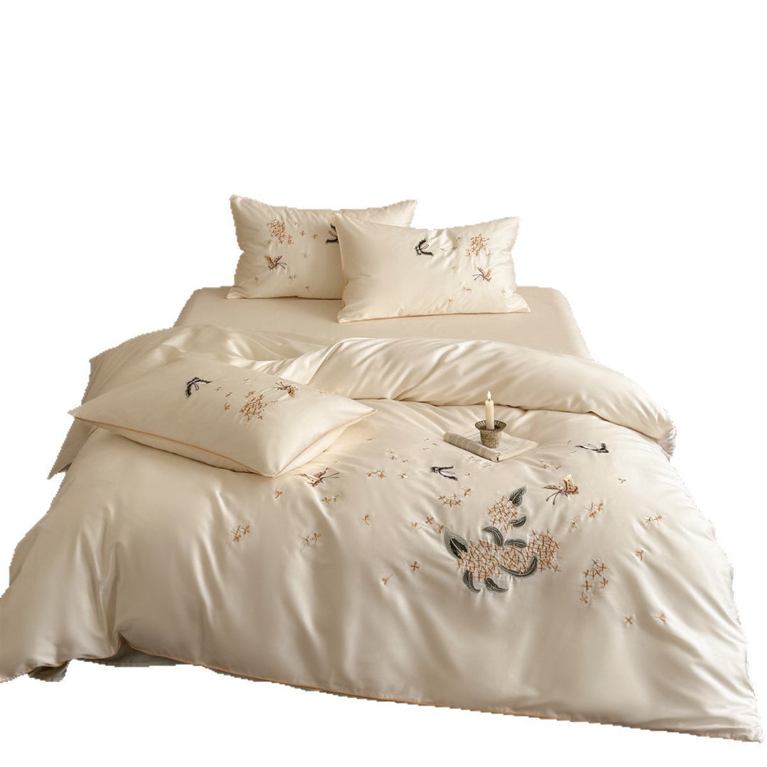 Silky Sateen Embroidered Botanical & Butterfly Duvet Cover Set with Piped Shams