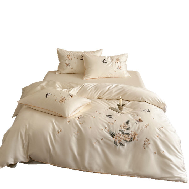 Silky Sateen Embroidered Botanical & Butterfly Duvet Cover Set with Piped Shams