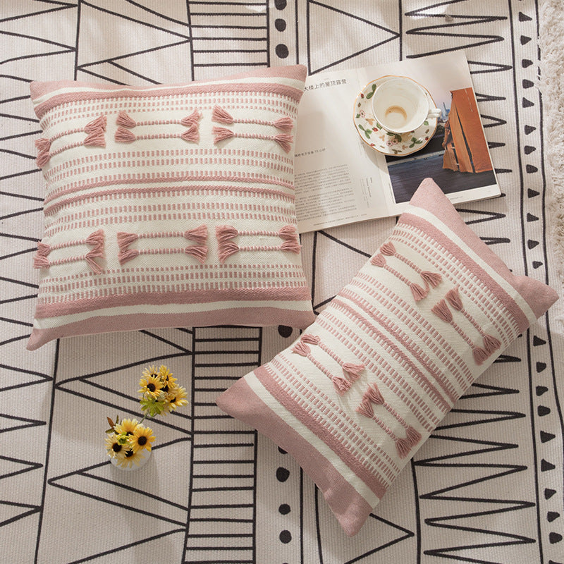 Handwoven square decorative cushion cover with tuft appliqués and boho stripes
