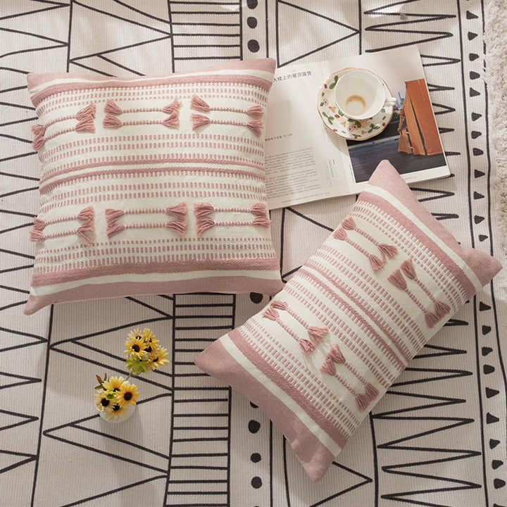 Handwoven square decorative cushion cover with tuft appliqués and boho stripes
