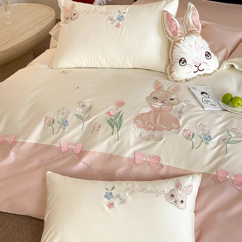 Whimsical Bunny Embroidered Duvet Cover Set with Reversible Sateen Back and Plush Accent